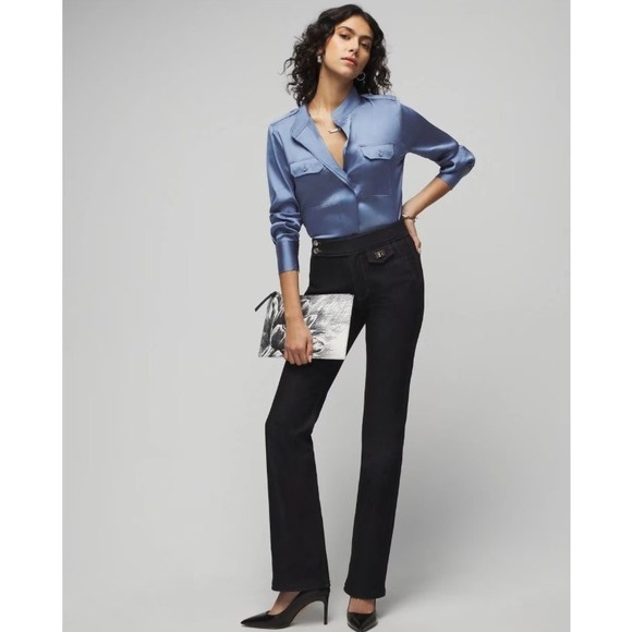 WHBM Long Sleeve Collar Pocket Shirt Button-Up in Steel Blue Satin Sz L  NWT - Picture 12 of 15